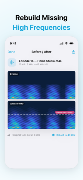 Rebuild missing high frequencies — dual spectrogram proof